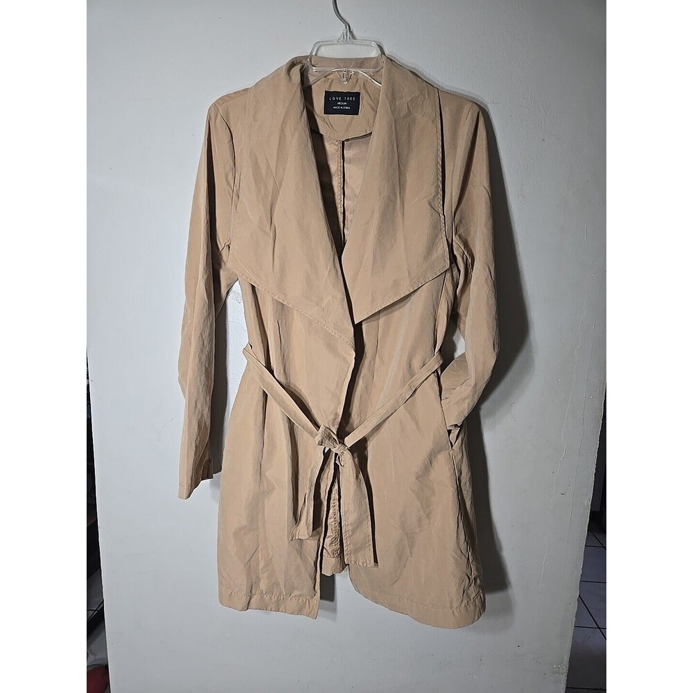 Love Tree Trench Coat Light Jacket M Double Breasted Tie Close Pockets Tan Beige